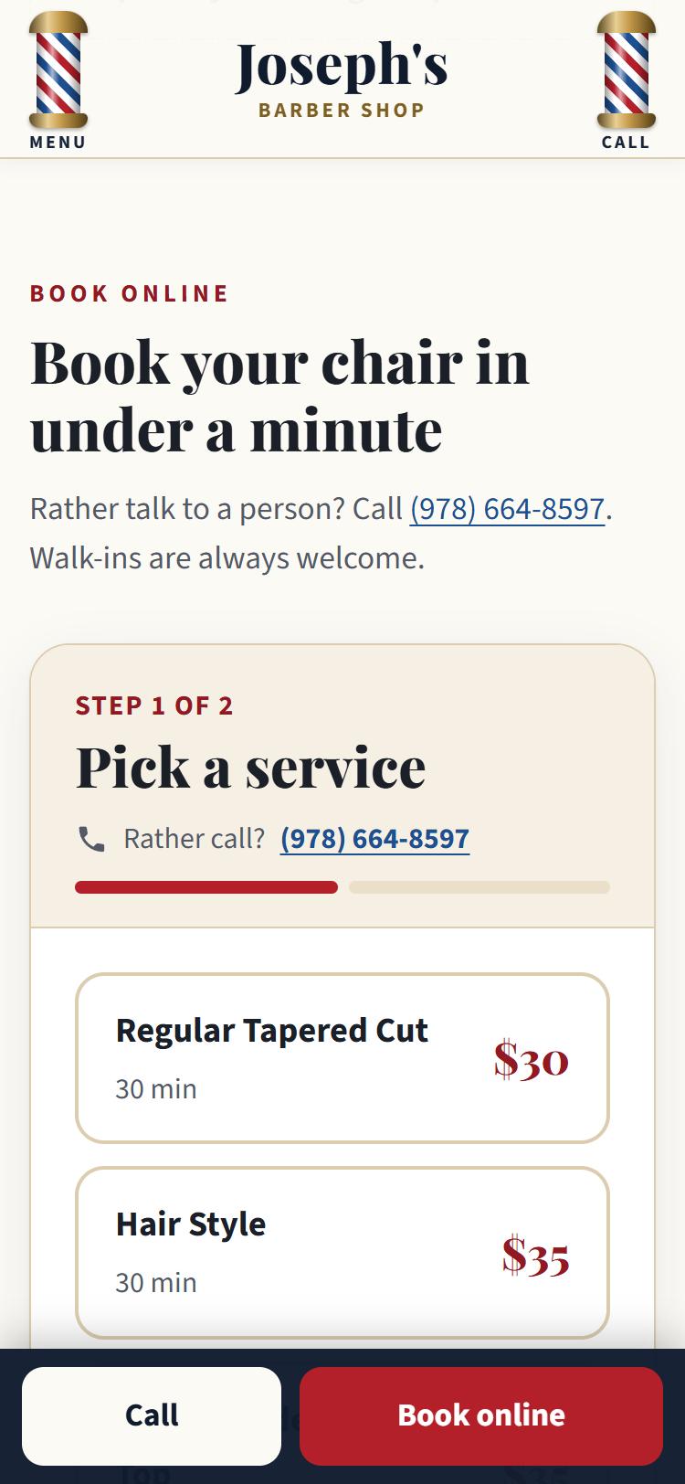 Booking step one: pick a service from large buttons, with the shop phone number above