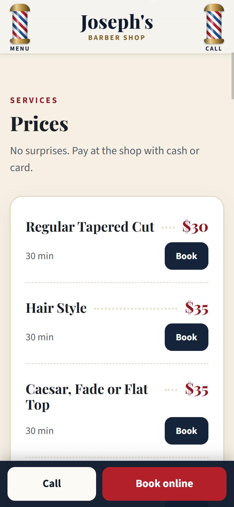 Joe's real price list with a Book button next to each service